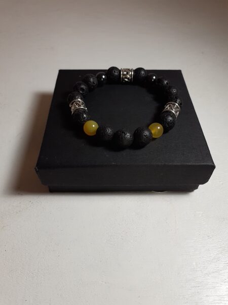 Men's Black Lava Gemstone Yellow & Hematite Bracelet