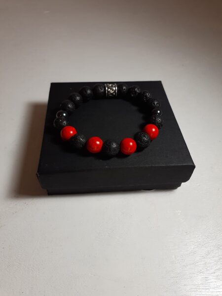 Men's Black Lava Gemstones Red and Hematite Bracelet